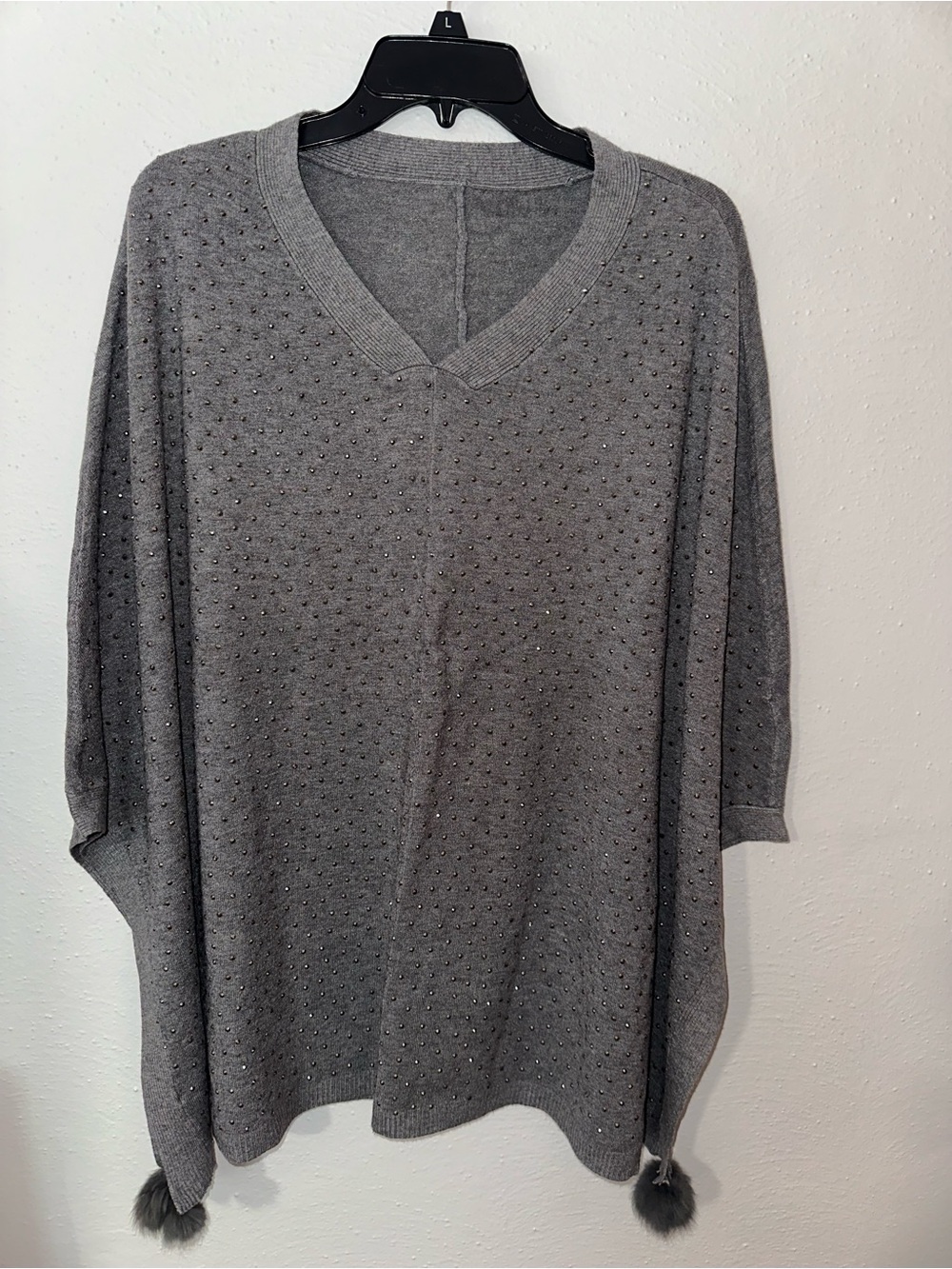 Source Unknown Gray Women's Studded Poncho with Pom Trim